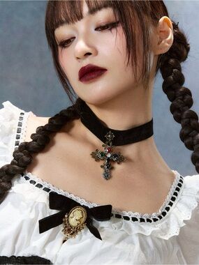 Elegant Black Velvet Choker with Jeweled Cross Pendant